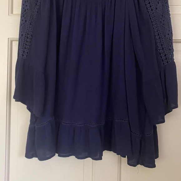 Bohemian Cotton Blouse Navy Blue Ruffle Hem Open Round Neck - Picture 8 of 8